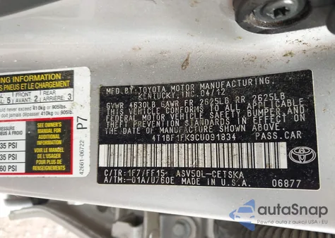 2012 Toyota Camry Se z USA, uszkodzony, nr VIN 4T1BF1FK9CU091834